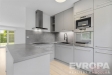 Modern� kuchy� s vestav�n�mi spot�ebi�i, �ed�mi sk���kami a betonovou pracovn� deskou, sv�tl� d�ev�n� podlaha a velk� okno pro p�irozen� osv�tlen�